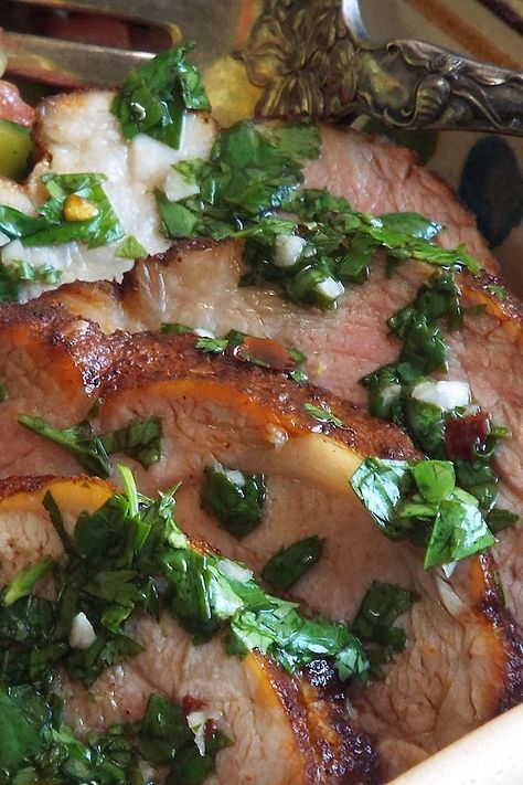 This pork tenderloin has a dry rub of ancho chile powder and brown sugar. It’s a savory, sweet flavor that goes perfectly with chimichurri. Oven Roasted Pork Tenderloin, Oven Roasted Pork, Roasted Pork Tenderloin, Lime Recipes, Roasted Pork, Chimichurri Sauce, Dry Rub, Pork Tenderloin, Sweet Savory