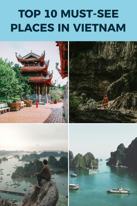 A captivating visual guide featuring 4 stunning images representing the top must-visit places in Vietnam for any travel enthusiast. Explore beautiful Vietnam, including splendid locations for your trip or romantic getaway. Where To Go In Vietnam, Vietnam Travel Itinerary, What To Do In Vietnam, Vietnam Da Nang, Places To Travel In Asia, Asia Honeymoon, Gorgeous Landscapes, Backpacking Routes, Vietnam Trip