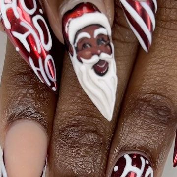 Su Nguyen on Instagram: "HOHOHO 🎅🏾❤️ So the client she came back after 2 weeks to fill in. And it’s still looks good!! We still love our Santa!! He’s still so fine!!! So we wanted to keep him, just refreshed with the shape and wiped it with acetone. And then changed the other nails. What do you think? Is it better then last set? ★𝐒𝐚𝐮𝐯𝐚𝐠𝐞_𝐀𝐫𝐭𝐢𝐬𝐭𝐫𝐲★ 𝙽𝚊𝚒𝚕 𝙰𝚛𝚝 𝚋𝚢 𝚂𝚞 . . . . . . . . . . . . . #christmasnails #nailart #nailartist #artist #aesthetic #naildesign #nails #christmas #nailsinspiration #aestheticnails #nailalabama #birminghamnails #alabamanails #alabamanailartist #nailtrend #trending #nailinspo #nails #naildesigns #nailfeed #handpaintednails #freestylenails #abstractart #nailsdesign #santanails #blacksanta #redchromenails #santababy #nailsart" Alabama Nails, Red Chrome Nails, Santa Nails, Black Santa, Nails Christmas, Artist Aesthetic, Santa Baby, The Client, Nail Trends