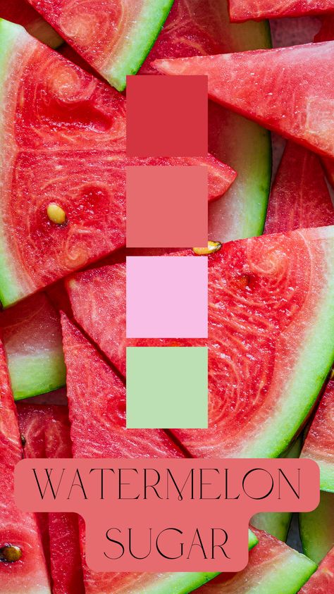 Watermelon Sugar Color Palette by Felicity & Lilac Events Tropical Fruit Color Palette, Watermelon Colour Palette, Watermelon Color Palette, Fruit Color Palette, Color Harmonies, Watermelon Color, Fruit Wedding, Color Palette Challenge, Watermelon Sugar