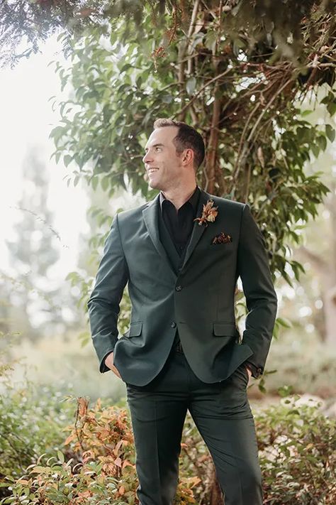 Green Suit Fall Wedding, Dark Green Suit Black Shirt, Green Suit With Black Shirt, Green Suit Black Shirt, Green And Black Suit, Tan Tuxedo, Dark Green Suit, Green Tux, Semi Formal Wedding Attire