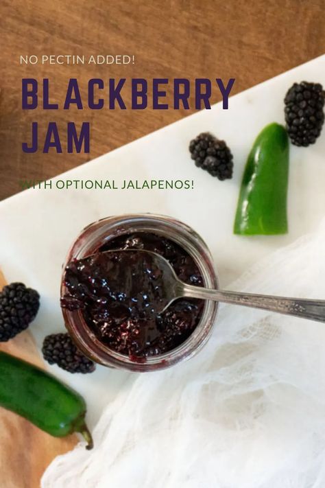 This Blackberry Jam Recipe has no pectin added and is made with low sugar for full blackberry flavor! I've added a couple of jalapenos but these are totally optional. This jam is perfect with fresh or frozen berries! #jam #blackberryjam #homemade #homemadejam #nopectin Blackberry Jam No Pectin, Jalapeno Jam Recipe, Blackberry Jam Recipe, Blackberry Jam Recipes, How To Freeze Blackberries, Jalapeno Jam, Jalapeno Jelly, Frozen Berries, Blackberry Jam