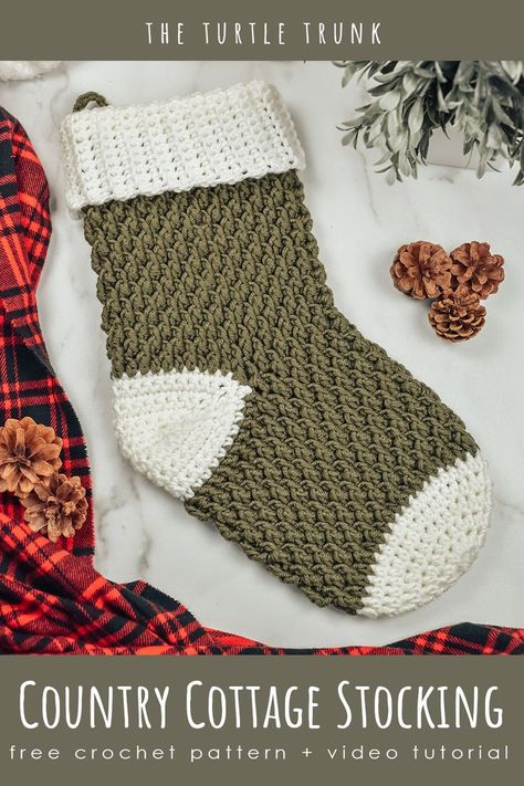 pinterest pin for the country cottage stocking crochet pattern by The Turtle Trunk Country Cottage Christmas Stocking, Country Cottage Stocking Crochet, Xmas Stocking Crochet Patterns Free, Crochet Christmas Projects Gift Ideas, Christmas Socks Crochet Free Pattern, Useful Crochet Christmas Gifts, Fast Crochet Christmas Stocking, Crochet Stocking Easy, Grinch Stocking Pattern