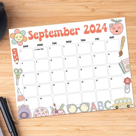 Vintage School September Calendar September Calendar Printable, Full Year Calendar, Printable Calendar Pages, Planner Calendar Printables, Design Calendar, September Calendar, Retro School, Parenting Organization, School Plan