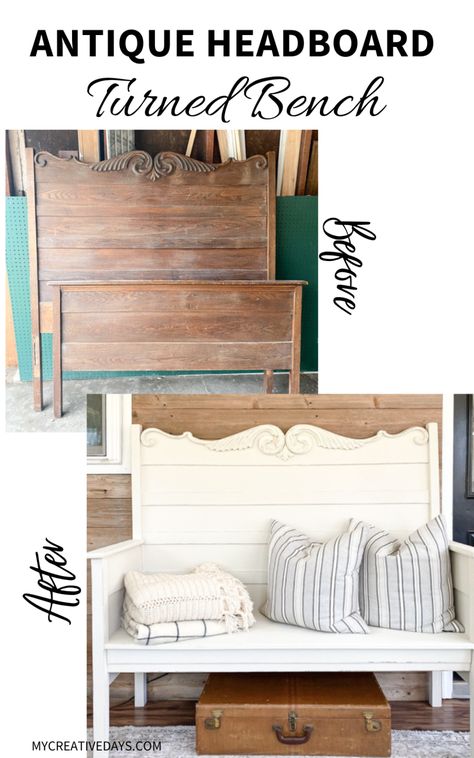 Antique Headboard Turned Bench - My Creative Days Headboard And Footboard Bench, Bed Frame To Bench, Headboard Turned Into Bench, Antique Bed Frame Ideas, Bench From Bed Frame, Old Bed Frame Ideas, Antique Headboard Ideas, Broken Bed Frame, Cute Wall Decor Ideas