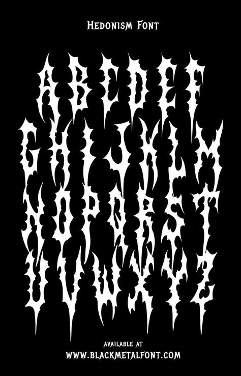 Hedonism Font Alphabet by blackmetalfont.com Alt Fonts, Metal Fonts Alphabet, Letras Dark, Goth Fonts, Heavy Metal Font, Black Metal Font, Y2k Font, Font Styles Alphabet, Y2k Fonts