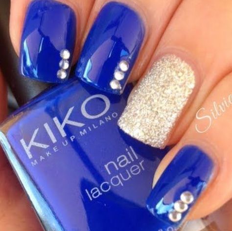 Sweet 16 night under the stars nails royal blue gold short gel French Nails Glitter, Shimmer Nail Art, Nail Art Bleu, Elegant Nail Art, Nail Shimmer, Blue Nail Art, Nails Blue, Blue Nail, Trendy Nail Art