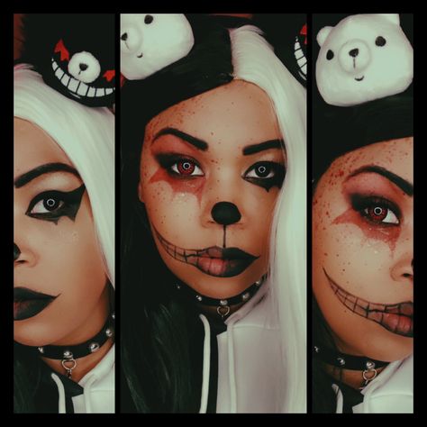 Monokuma Cosplay Makeup, Monokuma Makeup, Danganronpa Makeup, Fnaf Makeup, Monokuma Cosplay, Cosplay Poses, Graduation Look, Cosplay Inspo, Anime Makeup