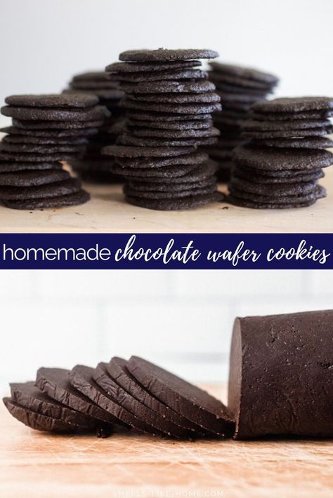 Homemade Chocolate Wafer Cookies: A perfect cookie to use in place of hard-to-find Nabisco Famous chocolate wafer cookies for chocolate cheesecake or pie crust, icebox cakes and cupcakes, sandwich cookies, and crumbling on ice cream! SO EASY!! #chocolatewafers #chocolatewafercookies #wafercookies #nabisco #iceboxcake Wafer Cookie Recipe, Photo Cookies, Icebox Cakes, Cookies Shortbread, Resepi Biskut, Chocolate Wafer Cookies, Chocolate Wafer, Dessert Cookies, Famous Chocolate