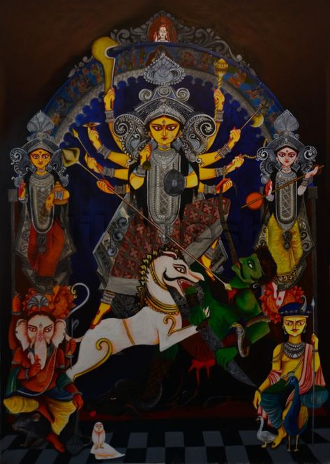 Durga ( mahishasurmardini ) , with family. Bengali style painting Durga Maa Paintings Folk Art, Durga Acrylic Painting, Bengal Painting, Durga Puja Drawing, Maa Paintings, Lord Pictures, Durga Maa Paintings, Durga Photo, Wall Galleries