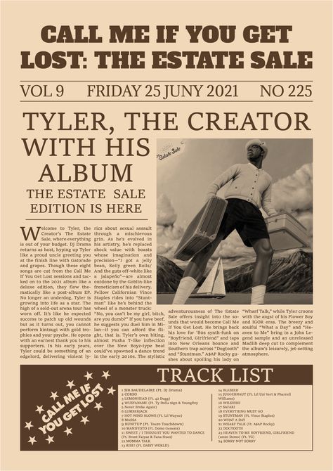 Tyler The Created Poster, Call Me If You Get Lost Blank Card, Bloxburg Tyler The Creator Poster Codes, Taylor The Creator Poster, Call Me If You Get Lost Poster, Call Me If You Get Lost, The Internet Poster, Music Newsletter, Newspaper Style Poster