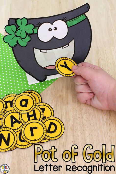 This Pot of Gold Letter Recognition Activity is a fun way for pre-readers to practice identifying capital and lowercase letters! St Patricks Theme, Beginning Of Kindergarten, Letter Recognition Activities, St Patricks Crafts, March Activities, St Patricks Day Crafts For Kids, St Patrick Day Activities, Preschool Literacy, Preschool Art Activities