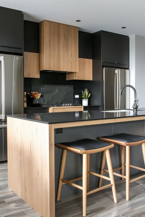 Modern Kitchen Colors Schemes, Kitchen Dark Countertops, Industrial Scandinavian Interior, Dark Countertops Kitchen Color Schemes, Modern Condo Kitchen, Minimalist Small Kitchen, Contemporary Black Kitchen, Minimalist Kitchens, Japandi Style Kitchen