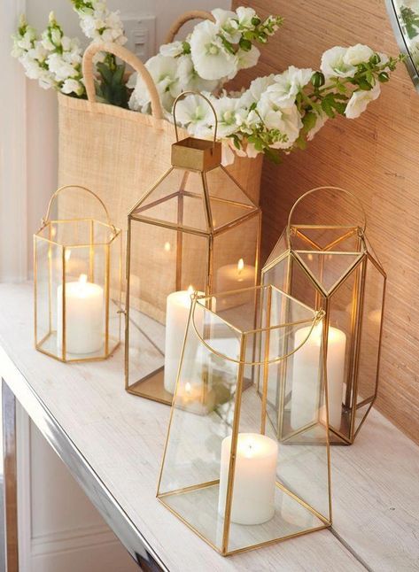 Black Pillar Candles, Geometric Lantern, Beautiful Wedding Centerpiece, Gold Lanterns, Lantern Centerpieces, Lantern Candle Decor, Wedding Lanterns, Metal Lanterns, Glass Lantern