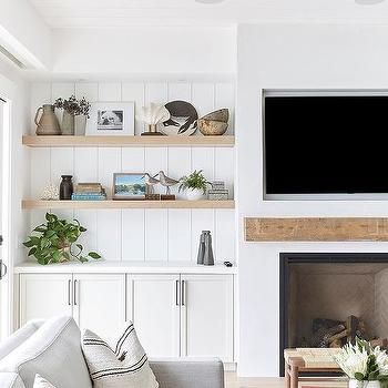 TV in Built In Shelf Next to Fireplace Mantel - Transitional - Living Room Pure Salt Interiors, Modern Farmhouse Living Room Decor, Built In Shelves Living Room, Living Room Built Ins, Fireplace Built Ins, Modern Farmhouse Living, White Fireplace, Cottage Living Rooms, Modern Farmhouse Living Room