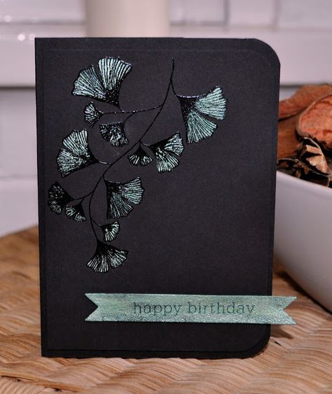 stunning black on black handmade card by Inky Fingers: Papertrey Ink birthday card ... luv the dramatic look of black cards ... black embossing with some pearlescent paint to highlight textures ... Paper Trey Ink ... Baby Birthday Card, Asian Cards, Elegant Gift Wrapping, Ribbon Banner, Miss You Cards, Feather Crafts, Copic Marker, I Am Learning, Papertrey Ink