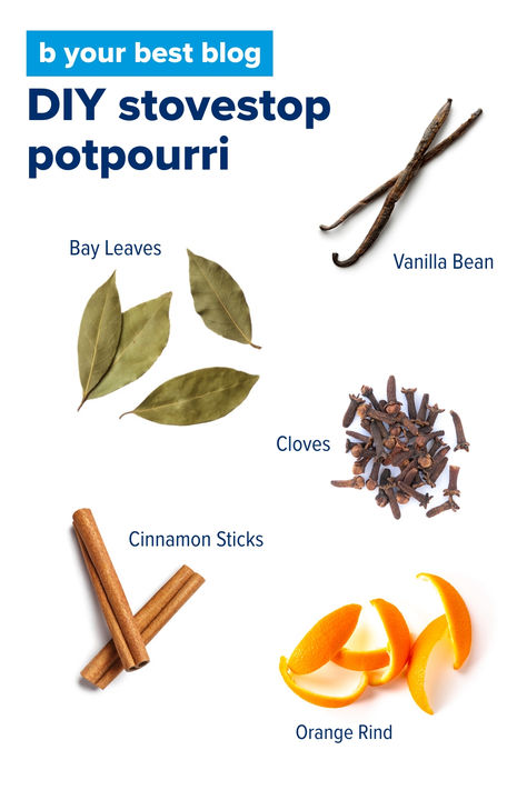 Ingredients for fall stovetop potpourri: Bay leaves, Vanilla Bean, Cloves, Cinnamon Sticks, Orange Rind Diy Fall Potpourri Stovetop, Easy Potpourri Recipes, Thanksgiving Stovetop Potpourri, Diy Potpourri Stovetop, Diy Stovetop Potpourri, How To Make Potpourri, Diy Potpourri, Fall Potpourri, Potpourri Stovetop