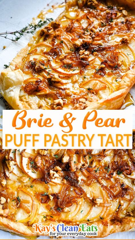 Puff Pastry Appetizers With Brie, Pear Puff Pastry Appetizer, Pate Serving Ideas, Baked Brie In Puff Pastry Red Pepper Jelly, Apple Brie Puff Pastry Recipes, Thyme Pear And Brie Tart, Pear And Cheese Appetizer, Pear Brie Phyllo, Savoury Pear Recipes