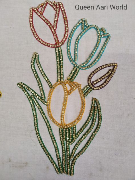 Stone Chain Design In Aari, Cut Beads Aari Work Design Outline, Stone Chain Stitch Design In Aari, Khatta Stitch In Aari Design, Aari Picture, Sugar Beads Embroidery Designs, Aari Stitches, Aari Work Designs Pattern Hand Embroidery, Butterfly Quilt Pattern