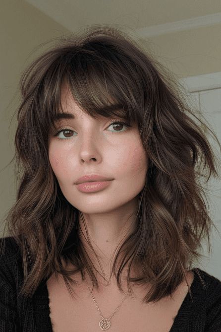 festive hairstyles, holiday look, hair inspiration Wavy Bob With Bangs, Short Hair And Bangs, Brunette Bangs, Festive Hairstyles, Elegant Short Hair, Bangs Cut, Wavy Bangs, Lob With Bangs, Bangs For Round Face