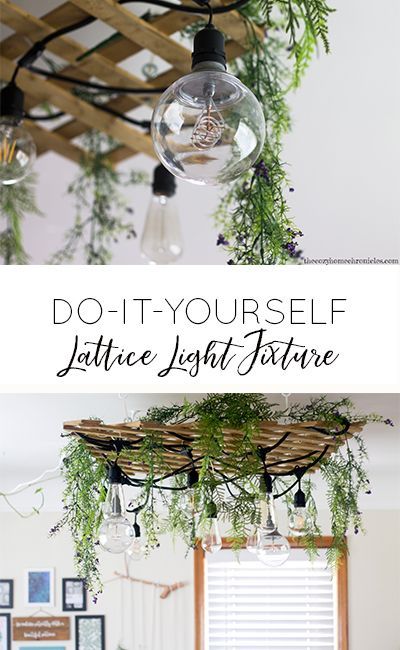 Make this easy DIY Light Fixture using upcycled wood lattice for a garden jungalow vibe Hanging Plant Light Fixture, Hanging Lattice From Ceiling, Plant Chandelier Diy, Lattice On Ceiling, Plant Chandelier, Diy Hanging Light Fixtures, Diy Hanging Light, Summer House Interiors, Diy Light Fixtures