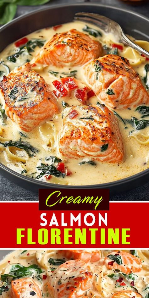 🌿 Creamy and delicious, this Salmon Florentine combines perfectly seared salmon with spinach and a rich, garlicky sauce. 🐟🍷 It’s the ideal recipe for date nights, family meals, or when you want to impress without the stress. 💡 Save this recipe and bring elegance to your table tonight! #SeafoodRecipes #SalmonFlorentine #DateNightDinner #CreamyDishes #EasyGourmet Salmon Florentine Recipe, Salmon Florentine, Salmon With Spinach, Florentine Recipe, Seared Salmon Recipes, Spinach Sauce, Rice Side Dish Recipes, Salmon Spinach, Healthy Salmon Recipes