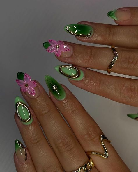 Green And Purple Nails, Pink Green Nails, Theme Nails, Green Inspo, Acrylic Set, Nail Ring, Pink Nail Designs, Dark Nails, Xmas Nails