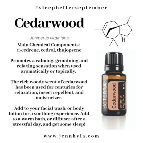 #sleepbetterseptember Sleep better with cedarwood aromatherapy!  Learn more about cedarwood in this blog post. Cedarwood Essential Oil Uses, Terrashield Doterra, Grounding Essential Oil, Terra Essential Oils, Get More Sleep, Doterra Oil, Floral Essential Oils, Essential Oil Education, Natural Bug Repellent