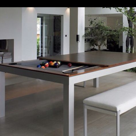 Modern dining table with a hidden, convertible pool table underneath. http://coolpile.com/home-stuff-magazine/fusion-dining-table-converts-pool-table-seconds/ Convertible Pool, Used Pool Tables, Pool Dining Table, Pingpong Table, Pool Dining, Outdoor Pool Table, Pool Table Dining Table, Table Dining Room, Income Property