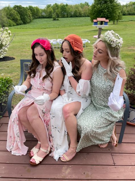 Vintage hats - prefect addtion for a Bridgerton tea party Regency Bachelorette Party, Bride Tea Party Outfit, Bridgerton Brunch Outfit, Bridgeton Party Theme, Bridgeton Themed Party Outfit, High Tea Bachelorette Party, Tea Party Bridal Shower Ideas Outfit, Thirtea Party, Bridgerton Party Outfit