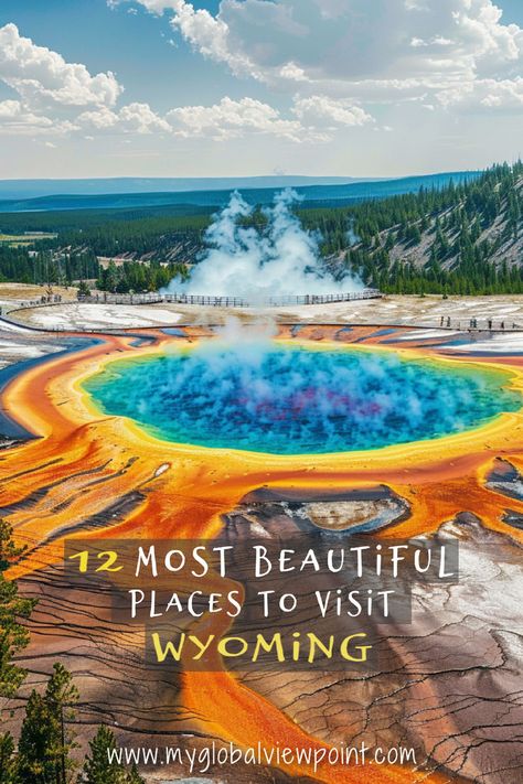 Photo of an iconic view in Yellowstone with text overlay showing "beautiful places in Wyoming" Yellowstone Must See, Wyoming In Winter, Wyoming Honeymoon, Wyoming Aesthetic, Kemmerer Wyoming, Wyoming Hiking, Cowboy Town, Jackson Hole Wy, Amazing Places To Visit