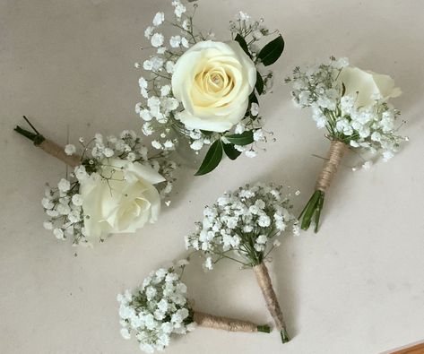 Gypsophila And Greenery Wedding, White Rose And Gypsophila Buttonhole, Bridal Bouquet Gypsophila White Roses, Buttonholes Wedding White, White Buttonholes Wedding, Gypsophila Rose Bouquet, Gypsophila Button Hole, White Rose Buttonhole, Gypsophila Boutonniere