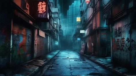 Dystopian 3d Artwork Of A Smog Filled Cyberpunk City Street With Graffiti At Night Background, Dark Street, Alley, City Light Background Image And Wallpaper for Free Download Alley Way Background, Street Illustration Background, Dark City Background, Nyc 1990s, Cyberpunk City Street, Cyberpunk Dnd, Rosé Cry, Cyberpunk Background, Urban Wallpaper