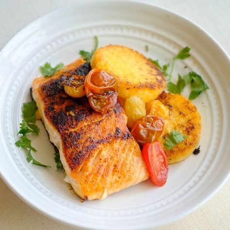 Salmon And Polenta, Salmon Polenta, Salmon And Polenta Recipe, Rockfish Recipes, Salmon Recipe Pan, Crispy Polenta, Easy Salmon Recipe, Pistachio Crusted Salmon, Sauteed Tomatoes