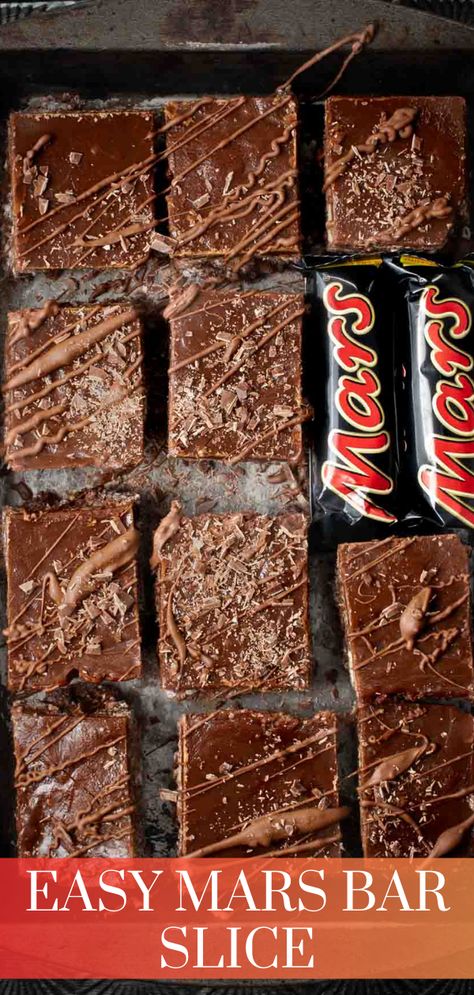 Mars bar slices on a baking sheet with two small Mars bars. Mars Bar Slice, Coco Pops, Mini Meringues, Cake Stall, Slice Recipe, Mars Bar, Australian Food, Recipe Sweet, Slices Recipes