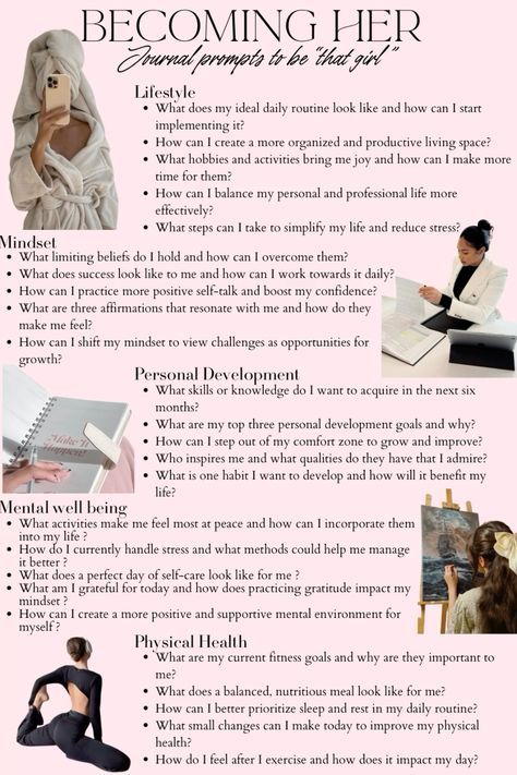 Self Growth Ideas For Women, Jourling Prompts, That Girl Self Care Aesthetic, It Girl Journal Prompts, How To Gratitude Journal, Powerful Journal Prompts, Tips To Focus On Yourself, Glow Up Journal Prompts, Journal Glow Up