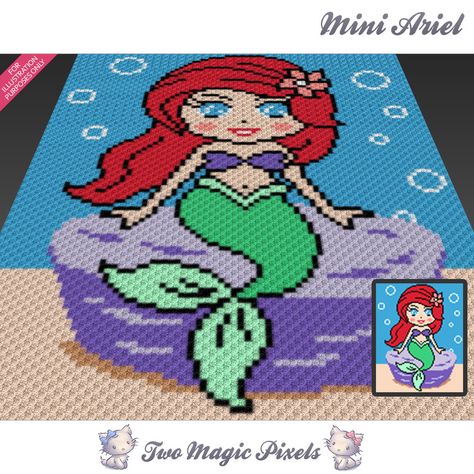 Mini Ariel is a graph pattern that can be used to crochet a blanket using C2C (Corner to Corner), Sc (single crochet), TSS (Tunisian Simple Stitch) and other techniques. Alternatively, you can use this graph for knitting, cross stitching and other crafts.  This graph design is 80 squares wide by 100 squares high.  It requires 11 colors.  Pattern PDF includes:  - color illustration for reference  - color square pattern - color counts  Image only, no written counts.  This listing is for a digital Ariel Crochet, Two Magic Pixels, Cross Stitch Graph, Corner To Corner Crochet, Graph Crochet, Crochet For Beginners Blanket, Crochet Blanket Designs, C2c Crochet, Manta Crochet