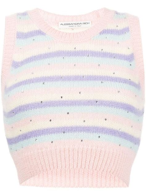 Chanel Fashion Show, Alessandra Rich, Pastel Stripes, Rich Women, Sweater Vest Women, Clothing Details, Knitted Tops, Simple Trendy Outfits, High Rise Denim