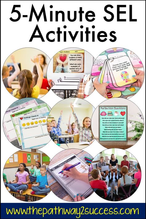 Five-minute social-emotional learning activities you can try today! Read from these strategies and ideas to help empower your students to be their best. Try a kindness share, use a SEL whiteboard message, recite positive affirmations, or use a SEL choice board activity. Whatever you try, know that you can integrate critical skills into the classroom in a breeze! Sel Group Activities Middle School, Sel Games For Elementary, Fun Sel Activities For Middle School, Sel Activities For Middle School, Sel Learning Activities, Quick Sel Activities, Sel Curriculum Elementary, Sel Activities, Emotion Words