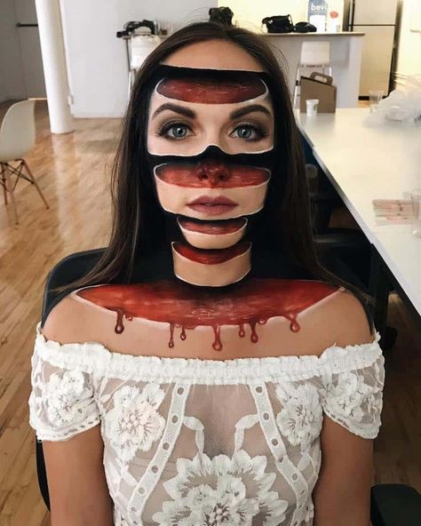 Illusion Makeup Tricks Put a Unique Spin on Optical Illusion Art Pretty Halloween Makeup Looks, Scary Illusions, Crazy Halloween Makeup, Pretty Halloween Makeup, Illusion Costumes, Makeup Looks To Try, Makeup Clown, Halloween Make-up Looks, Creepy Makeup