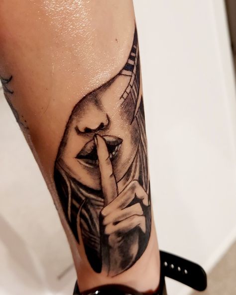 Women Shushing Tattoo, Woman Shushing Tattoo, Shush Tattoo, Silence Tattoo Ideas, Woman Silence, Silence Tattoo, Leg Tattoo, Leg Tattoos, Skull Tattoo