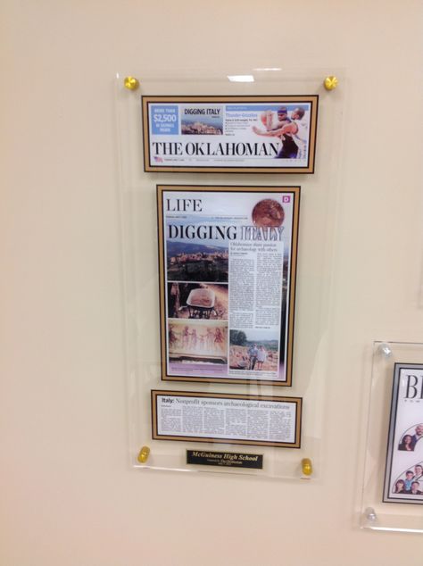 Framing a Newspaper Article with an Acrylic Style Plaque for display. Gold Stand Off Mounting Hardware 3/4 from the wall. Newspaper Clippings Display Ideas, Newspaper Article Display, Newspaper Display, Newspaper Collage, Trophy Display, Sports Office, Framing Ideas, Award Display, Shadow Box Svg