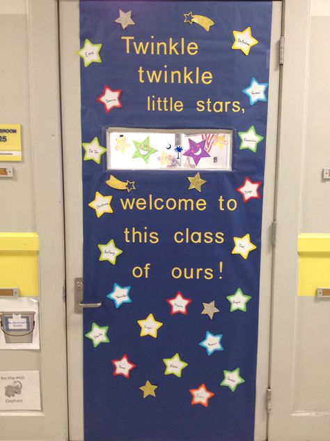 Build Classroom Community | Twinkle twinkle little stars... Star Themed Classroom, Kindergarten Door, Infant Room Ideas, Infant Room Daycare, Welcome To Preschool, Classroom Door Displays, Build Classroom Community, Stars Classroom, Classroom Welcome