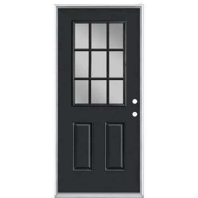 36 in. x 80 in. 9 Lite Jet Black Left Hand Inswing Painted Smooth Fiberglass Prehung Front Exterior Door, Vinyl Frame Masonite Doors, Black Exterior Doors, Solid Stain Colors, Steel Entry Doors, Fiberglass Front Door, Fiberglass Entry Doors, Behr Paint Colors, Vinyl Frames, Willow Wood