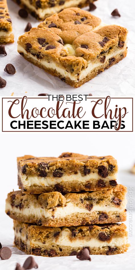 These amazing bar cookies have a classic chocolate chip cookie dough crust with a light and fluffy cheesecake center topped with another chocolate chip cookie dough layer. #kippiathome Something Light To Eat, Cheesecake Bars Oreo, Desserts With A Cookie Crust, Chocolate Chip Cookie Dough Cheesecake Bars, Christmas Cookies Cheesecake, Easy Cookie Dough Cheesecake, Cheesecake Christmas Cookies, Deserts For Christmas Easy, Cookie Bottom Cheesecake