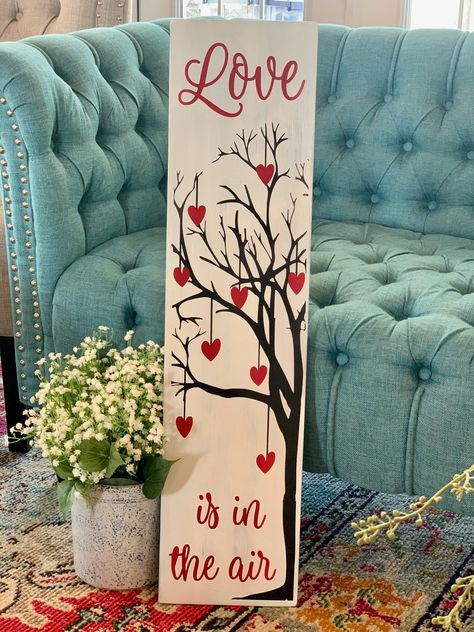 "Love is in the Air.  Wedding gift. Valentines Gifts for Her. This Valentine wood sign would make the perfect gift for her or him.  Perfect for the front porch.  Nostalgic gift. Needing rustic wedding decor or valentine gift? Dimensions:  we offer two sizes: 30 x 7 inches or 48 x 12 inches  Sealed with a matte sealant.  The 30 inch includes a hanger on back.  A few notes about this product. 1) Each of our pieces are unique. This means you get a one of a kind piece every time you shop with us. It Valentine Wood Crafts, Saint Valentin Diy, Valentines Bricolage, Diy Valentine's Day Decorations, Rustic Valentine, Valentines Sign, Diy Valentines Decorations, Nostalgic Gifts, Valentine Projects