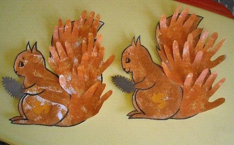 handprint squirrel craft | Crafts and Worksheets for Preschool,Toddler and Kindergarten Fall Crafts For Toddlers, Footprint Crafts, Fun Fall Crafts, Fall Preschool, Animal Crafts For Kids, Daycare Crafts, Fall Crafts For Kids, Autumn Crafts, Childrens Crafts