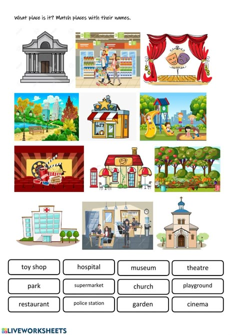 My town: Places in town worksheet Community Places Worksheets, My Town Activities, Teaching Kids Respect, Places In The Community, Community Places, English For Beginners, English Teaching Materials, Free Preschool Worksheets, English Story