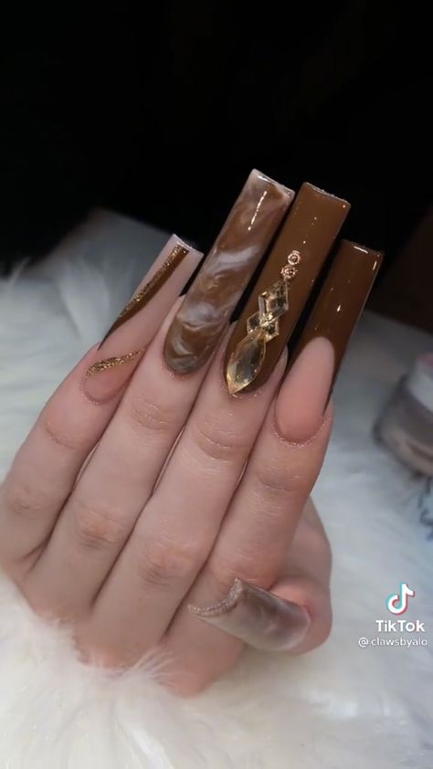 Brown Black And Gold Nails, Fall Baddie Nails Brown, Sweet 16 Nails, French Manicure Acrylic Nails, Concert Nails, Brown Acrylic Nails, Toenail Designs, Brown Nail, Black Fairy