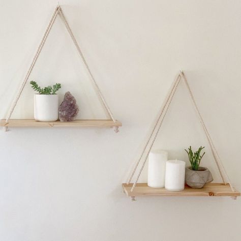 Hanging Shelf Floating Shelves Wall Decor set of 2 W/ Hooks - Etsy Kaktus Dan Sukulen, Diy Regal, Diy Hanging Shelves, Hemma Diy, Rope Shelves, Mounted Shelves, Hanging Rope, Plant Shelves, Wall Decor Set